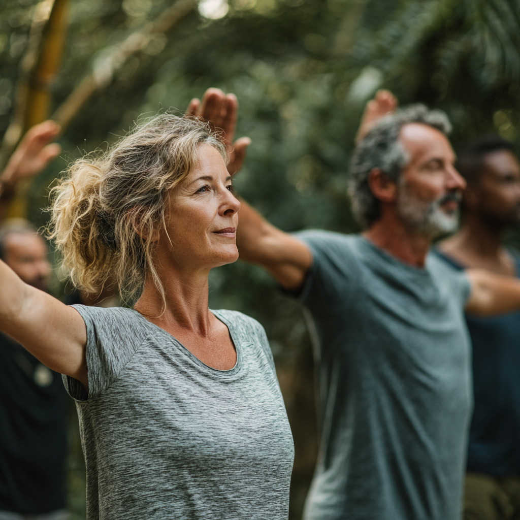 Middle-aged adults practicing gentle mobility exercises in natural outdoor setting
