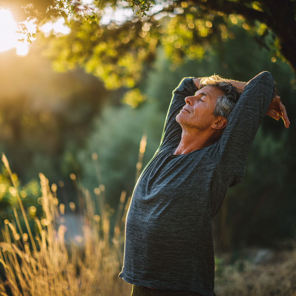 Middle-aged person doing peaceful stretching exercises in natural environment