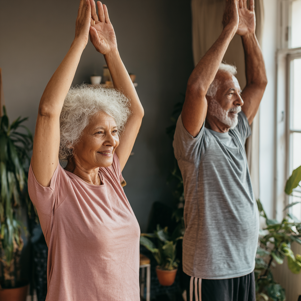 Older adults incorporating gentle movement into daily routine at home